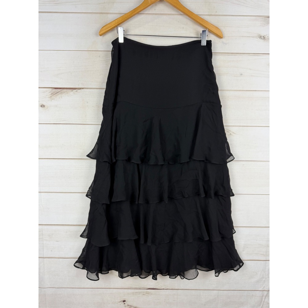 Lauren Ralph Lauren Skirt M Black 100% Silk Tiered Ruffle Flowy Chiffon